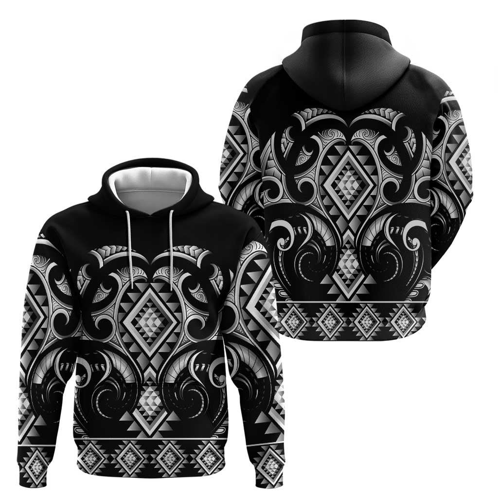 Black Ngaru Taniko With Aotearoa Maori Tattoo Zip Hoodie