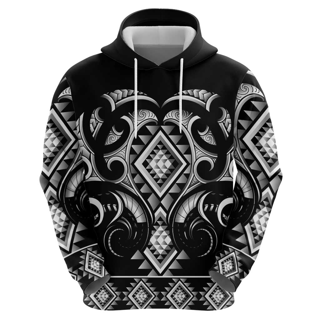 Black Ngaru Taniko With Aotearoa Maori Tattoo Zip Hoodie