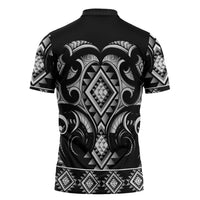 Black Ngaru Taniko With Aotearoa Maori Tattoo Zipper Polo Shirt - Polynesian Pride