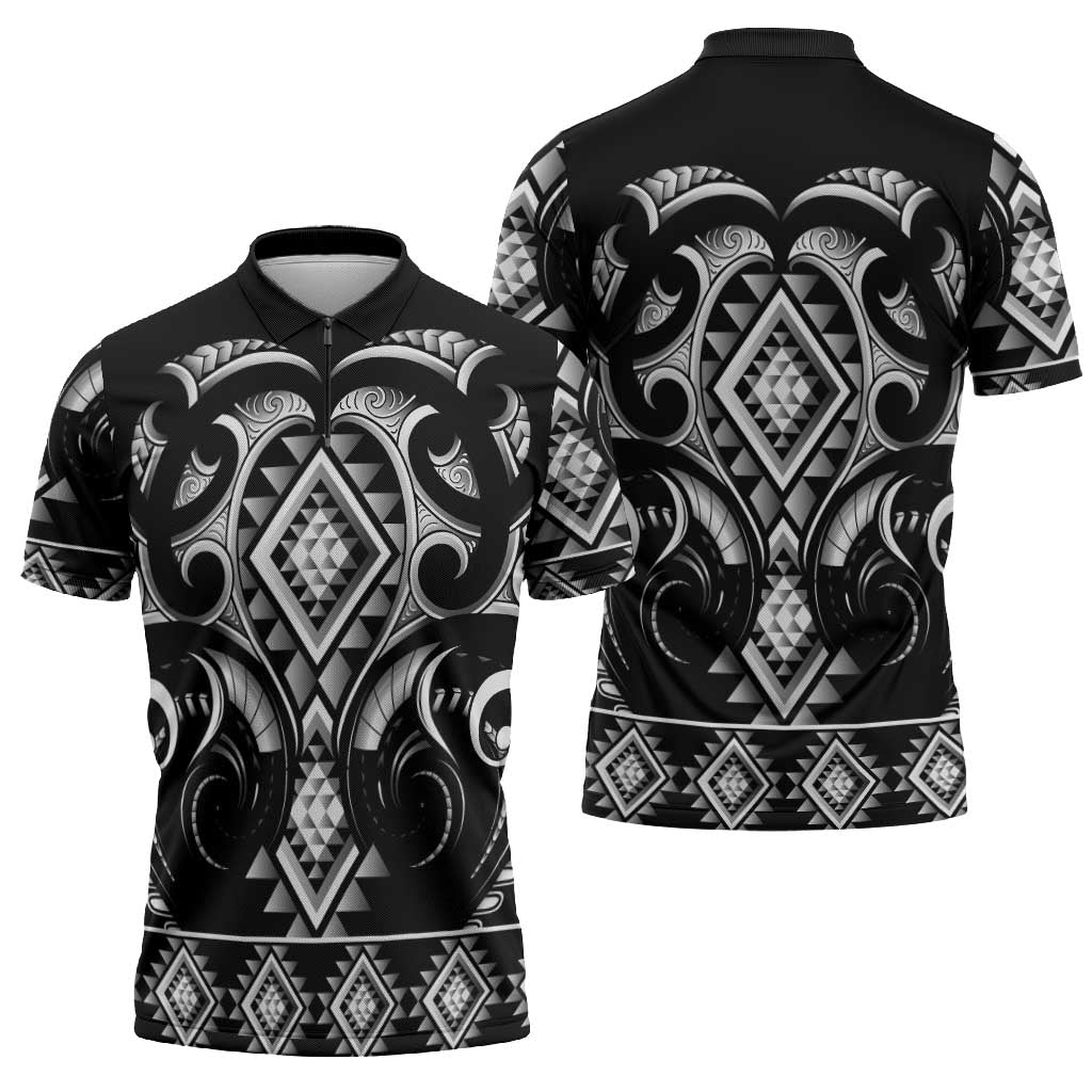 Black Ngaru Taniko With Aotearoa Maori Tattoo Zipper Polo Shirt - Polynesian Pride