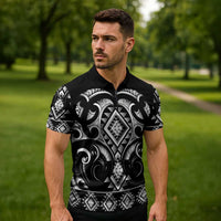Black Ngaru Taniko With Aotearoa Maori Tattoo Zipper Polo Shirt - Polynesian Pride