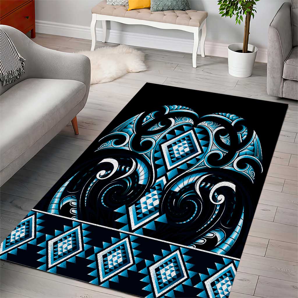 Blue Ngaru Taniko With Aotearoa Maori Tattoo Area Rug