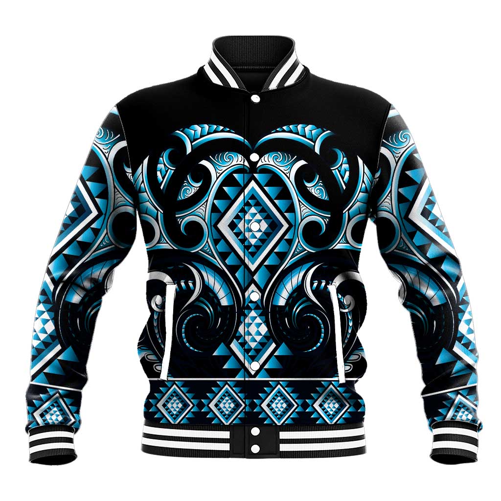 Blue Ngaru Taniko With Aotearoa Maori Tattoo Baseball Jacket LT14 Unisex Blue - Polynesian Pride
