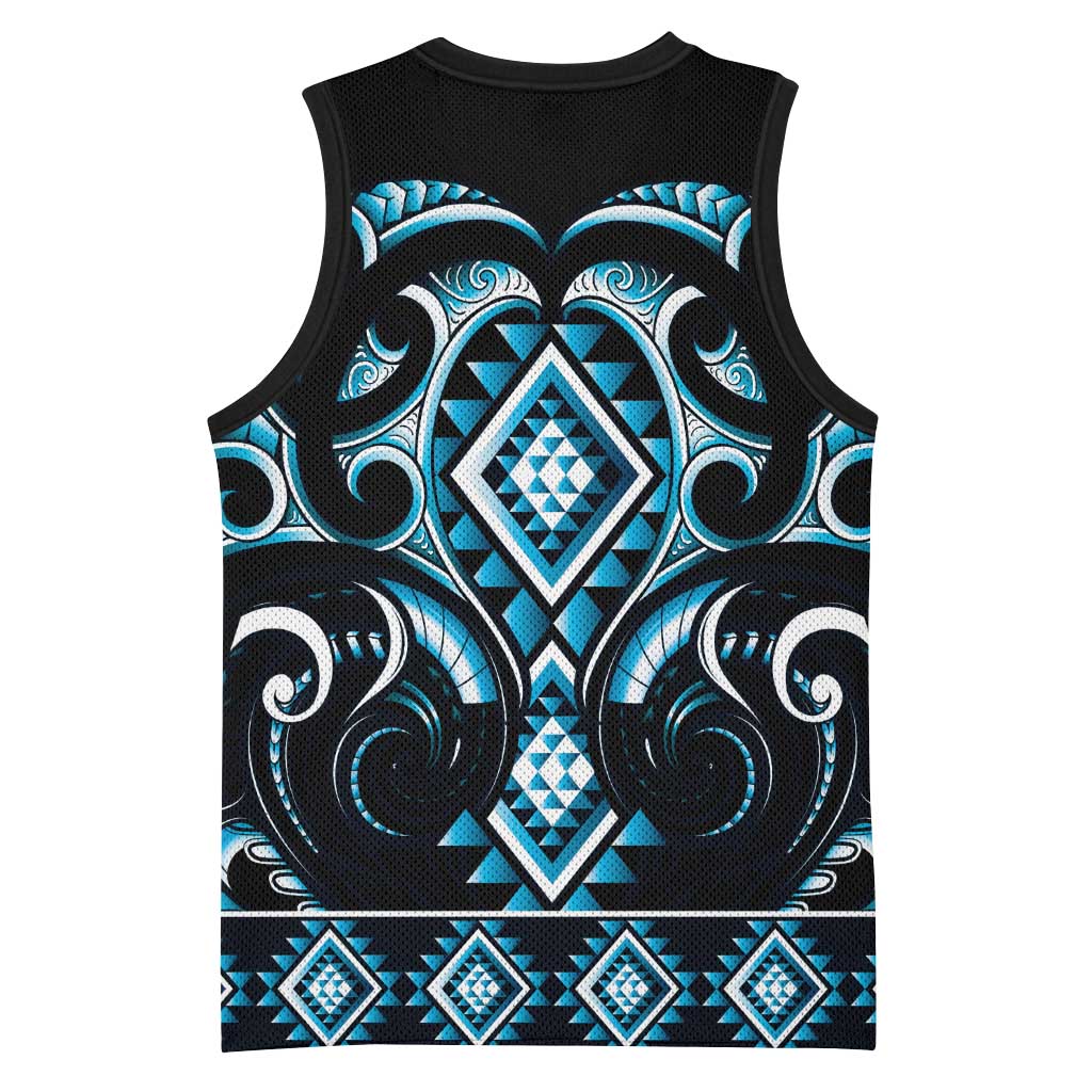 Blue Ngaru Taniko With Aotearoa Maori Tattoo Basketball Jersey - Polynesian Pride