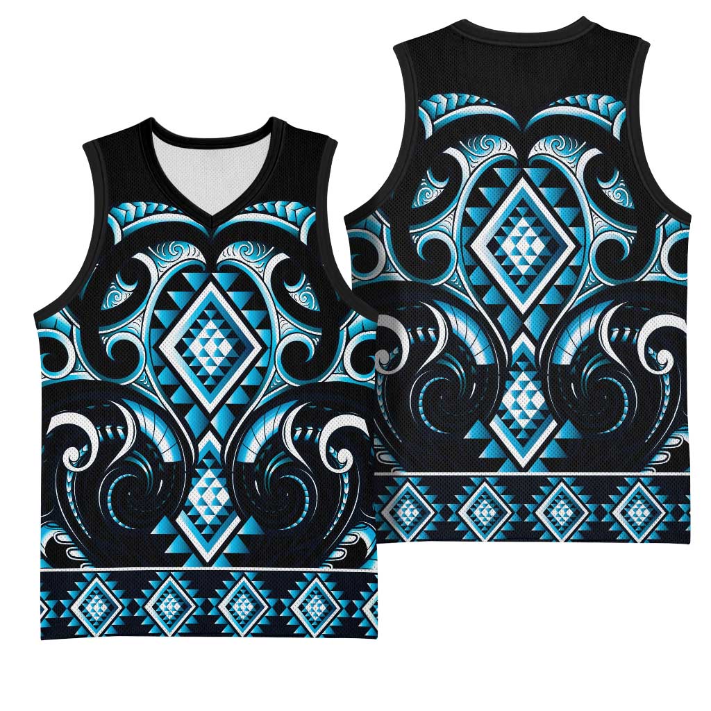 Blue Ngaru Taniko With Aotearoa Maori Tattoo Basketball Jersey - Polynesian Pride