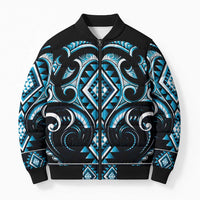 Blue Ngaru Taniko With Aotearoa Maori Tattoo Bomber Puffer Jacket - Polynesian Pride