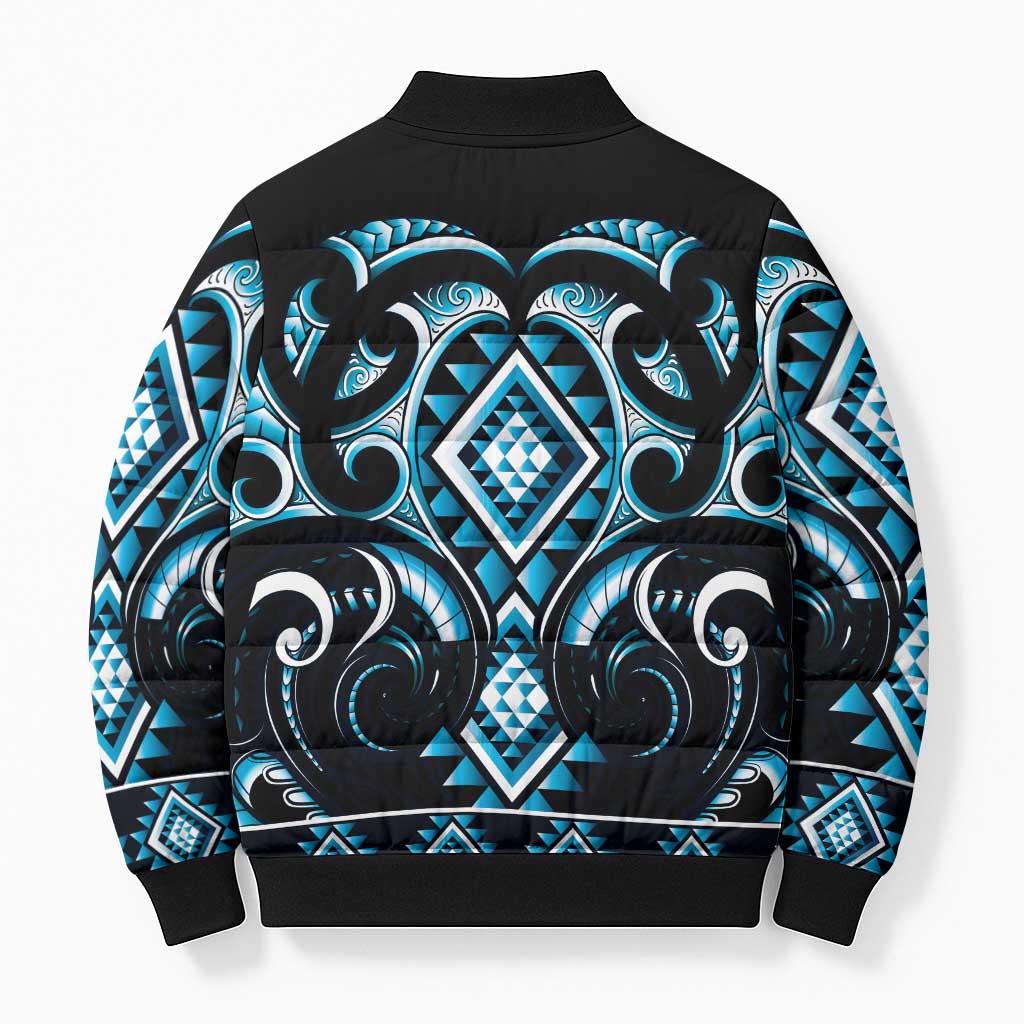 Blue Ngaru Taniko With Aotearoa Maori Tattoo Bomber Puffer Jacket - Polynesian Pride
