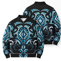 Blue Ngaru Taniko With Aotearoa Maori Tattoo Bomber Puffer Jacket - Polynesian Pride