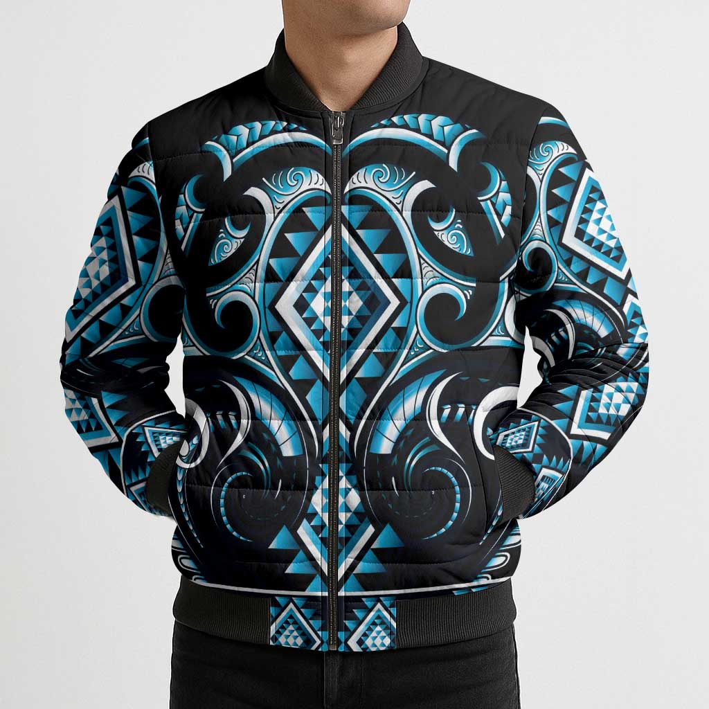 Blue Ngaru Taniko With Aotearoa Maori Tattoo Bomber Puffer Jacket - Polynesian Pride