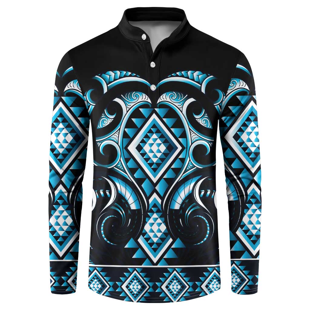 Blue Ngaru Taniko With Aotearoa Maori Tattoo Button Sweatshirt LT14 Blue - Polynesian Pride