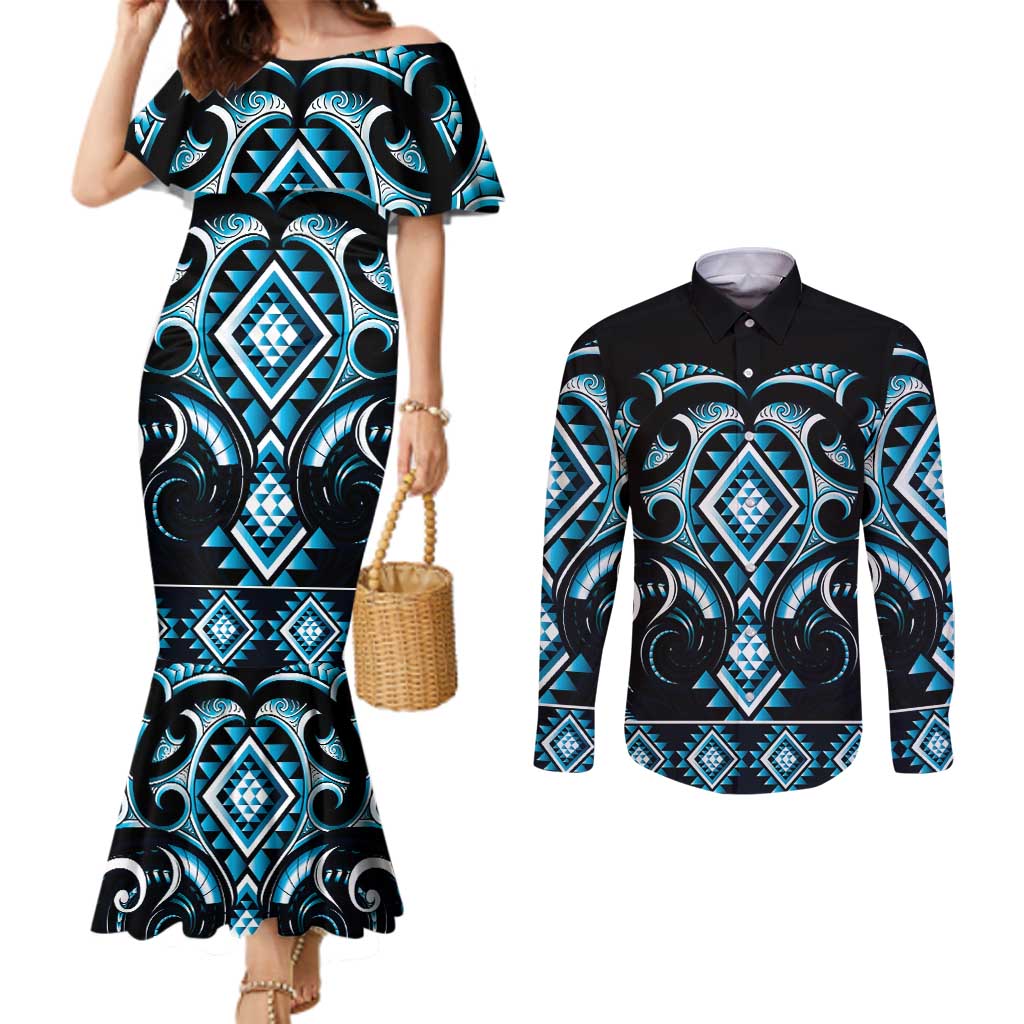Blue Ngaru Taniko With Aotearoa Maori Tattoo Couples Matching Mermaid Dress and Long Sleeve Button Shirt