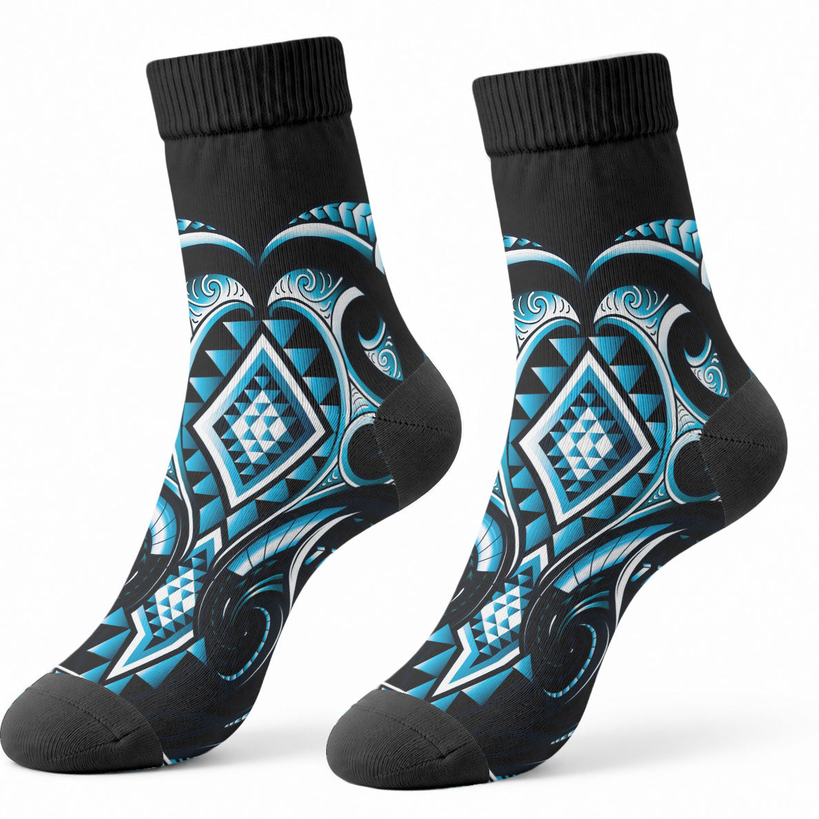 Blue Ngaru Taniko With Aotearoa Maori Tattoo Crew Socks LT14 - Polynesian Pride