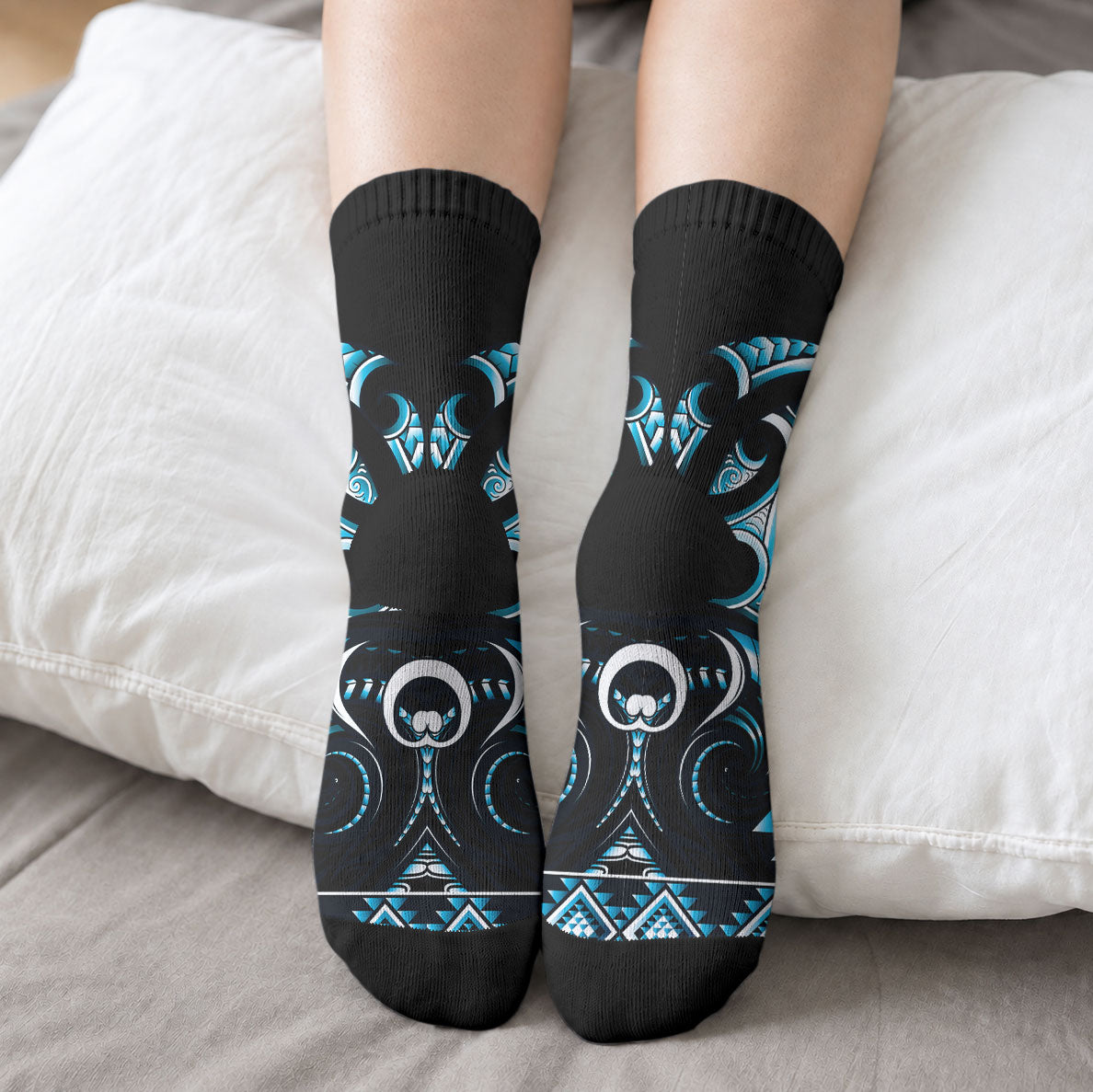 Blue Ngaru Taniko With Aotearoa Maori Tattoo Crew Socks LT14 - Polynesian Pride