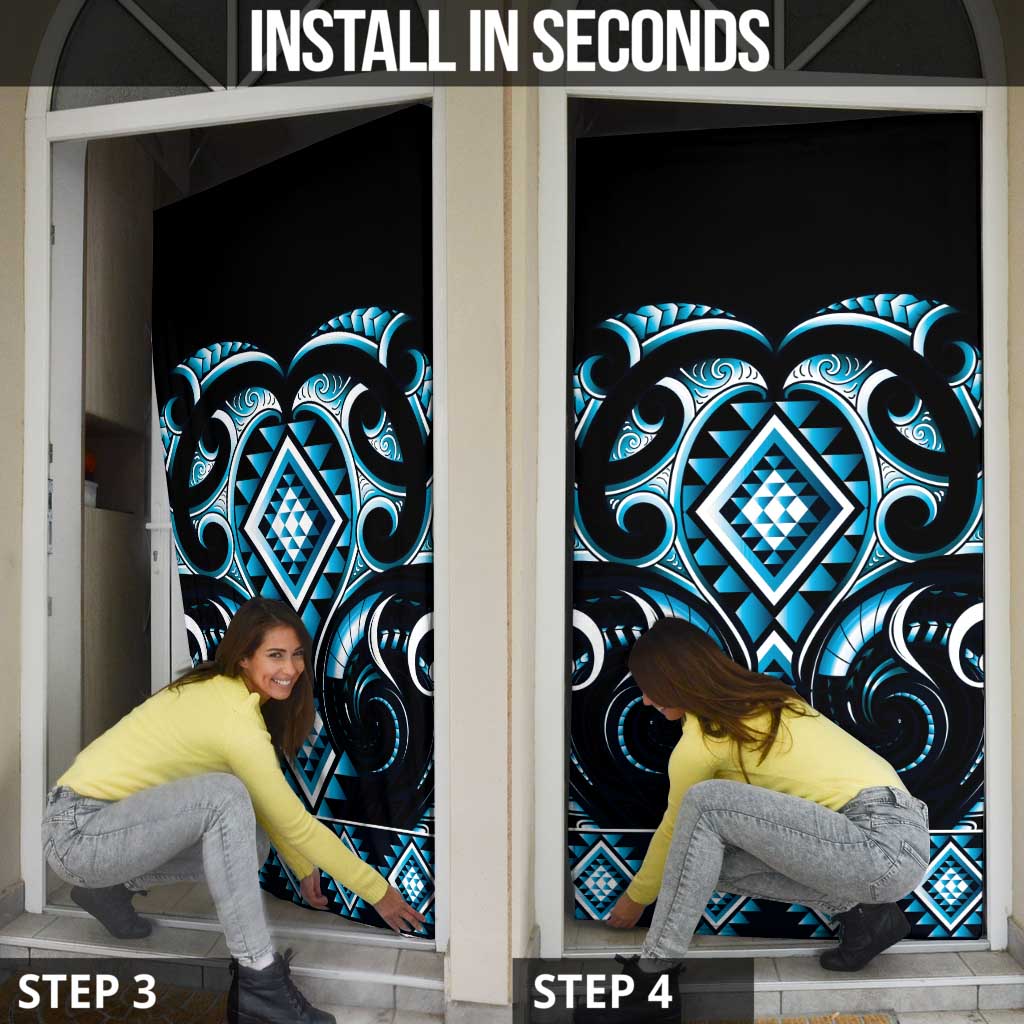 Blue Ngaru Taniko With Aotearoa Maori Tattoo Door Cover - Polynesian Pride