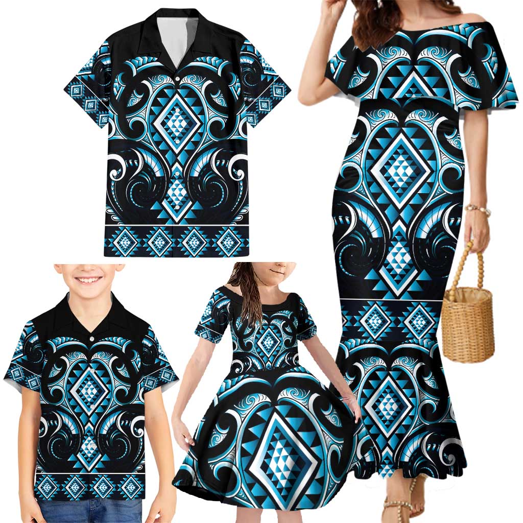 Blue Ngaru Taniko With Aotearoa Maori Tattoo Family Matching Mermaid Dress and Hawaiian Shirt LT14 - Polynesian Pride