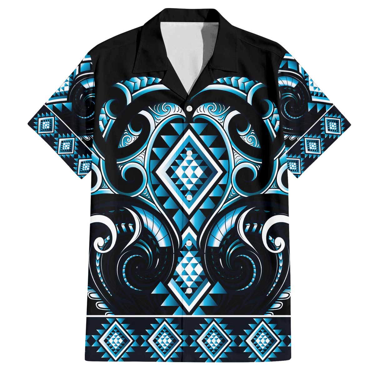 Blue Ngaru Taniko With Aotearoa Maori Tattoo Family Matching Off The Shoulder Long Sleeve Dress and Hawaiian Shirt