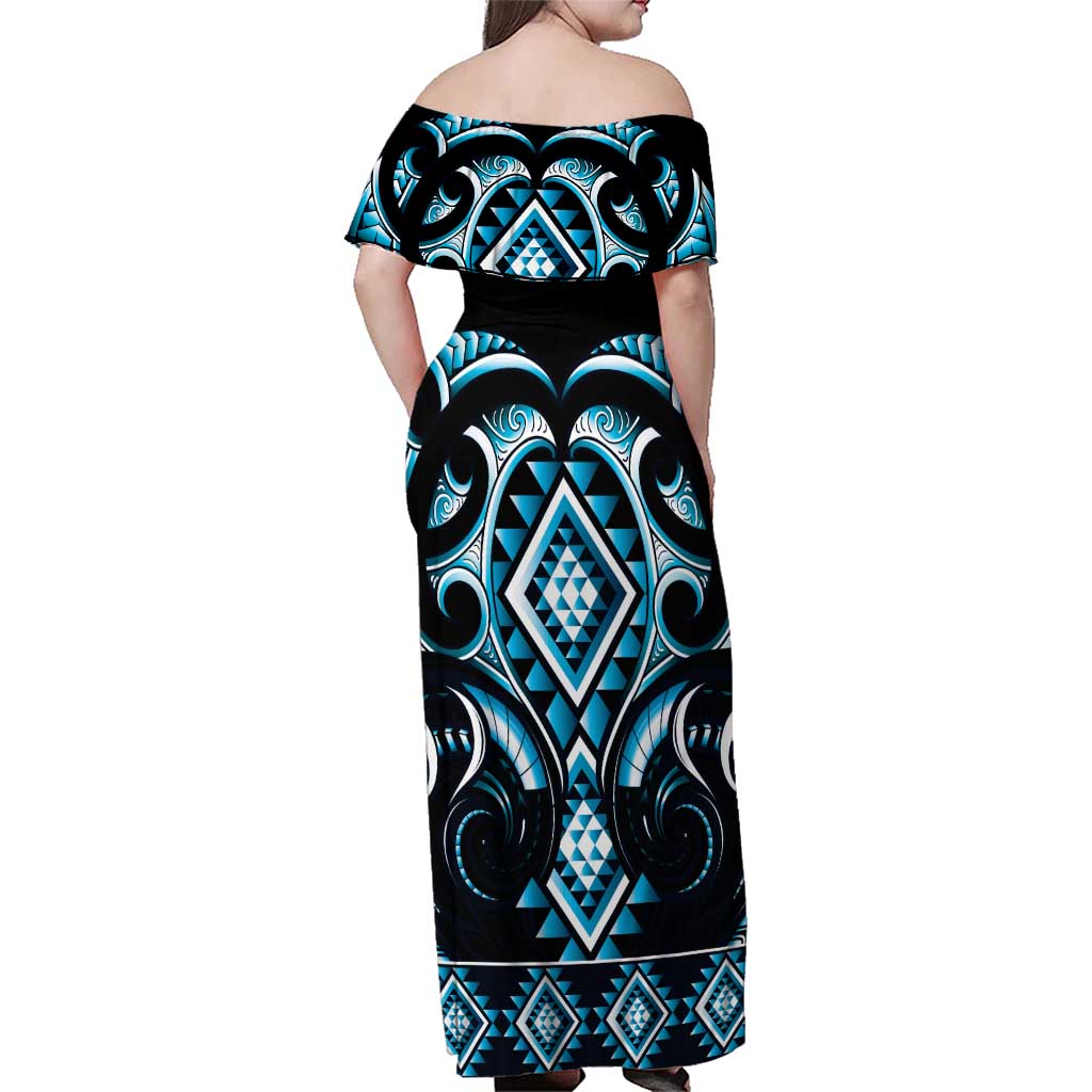 Blue Ngaru Taniko With Aotearoa Maori Tattoo Family Matching Off Shoulder Maxi Dress and Hawaiian Shirt