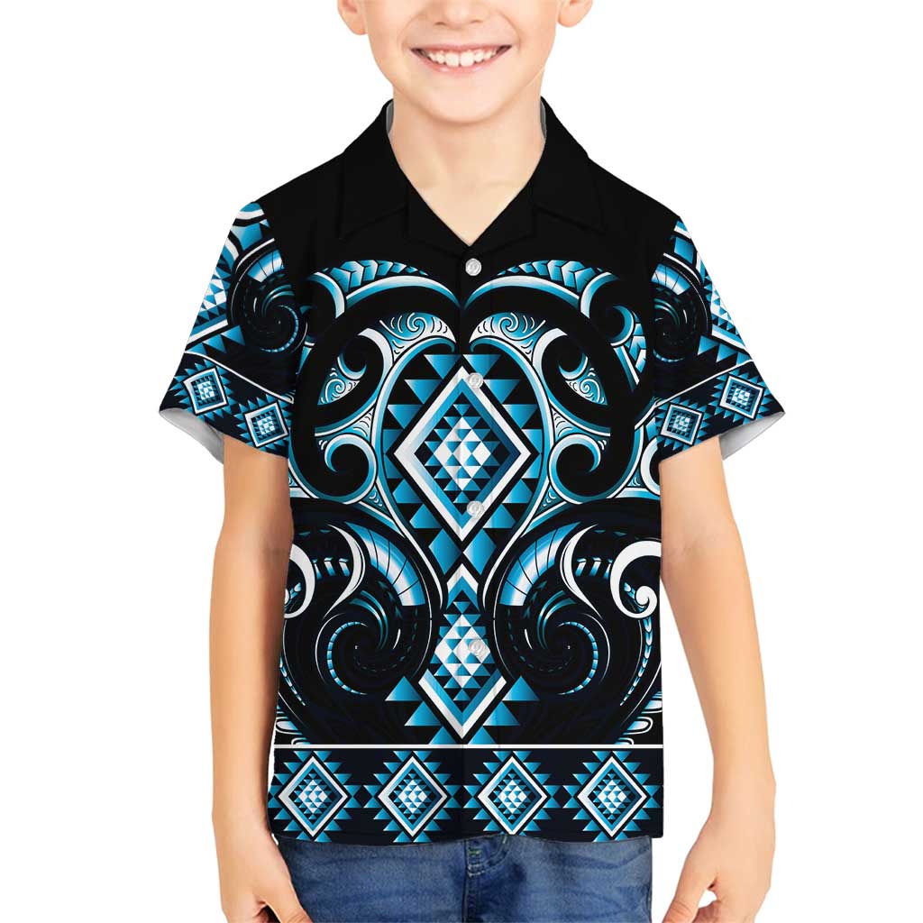 Blue Ngaru Taniko With Aotearoa Maori Tattoo Family Matching Puletasi and Hawaiian Shirt LT14 Son's Shirt Blue - Polynesian Pride