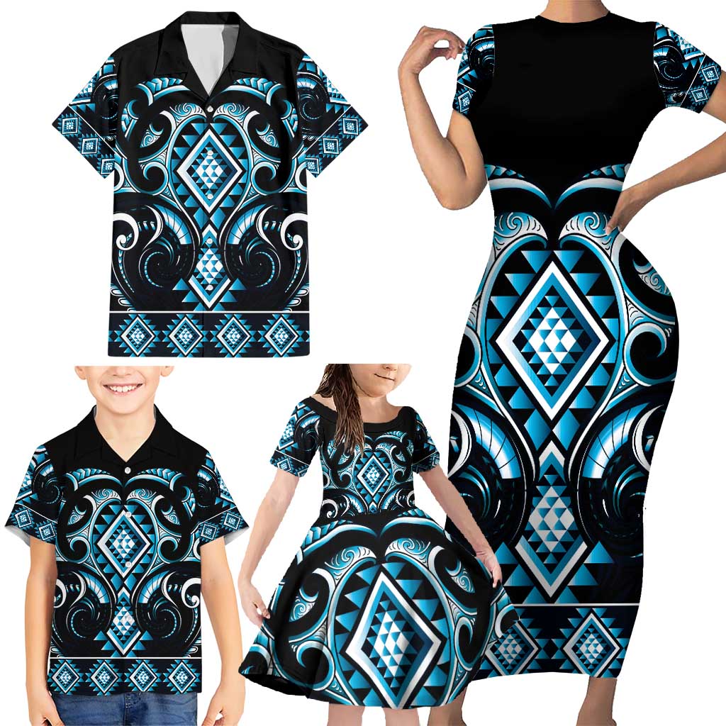 Blue Ngaru Taniko With Aotearoa Maori Tattoo Family Matching Short Sleeve Bodycon Dress and Hawaiian Shirt LT14 - Polynesian Pride