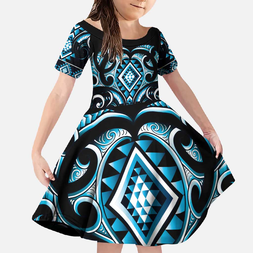 Blue Ngaru Taniko With Aotearoa Maori Tattoo Family Matching Summer Maxi Dress and Hawaiian Shirt LT14 Daughter's Dress Blue - Polynesian Pride