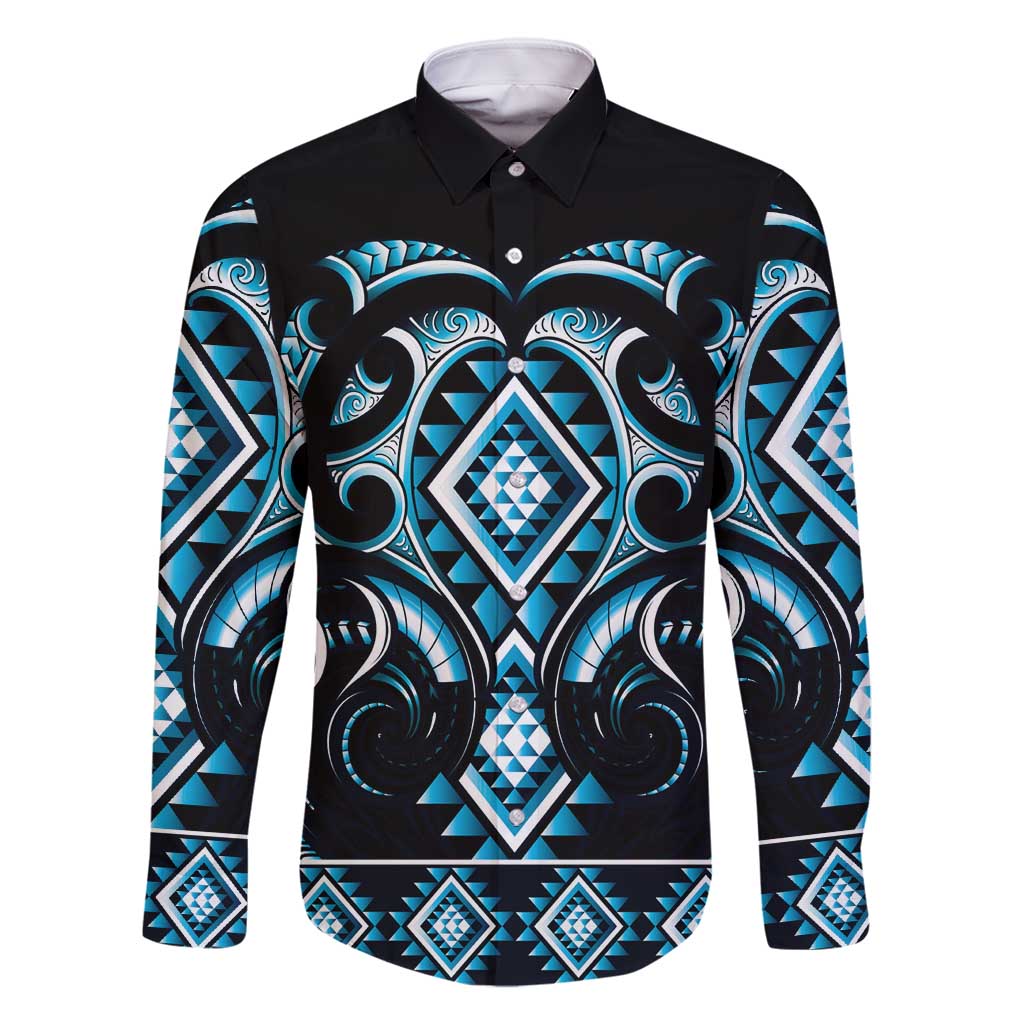 Blue Ngaru Taniko With Aotearoa Maori Tattoo Family Matching Summer Maxi Dress and Hawaiian Shirt LT14 Dad's Shirt - Long Sleeve Blue - Polynesian Pride