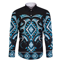 Blue Ngaru Taniko With Aotearoa Maori Tattoo Family Matching Summer Maxi Dress and Hawaiian Shirt LT14 Dad's Shirt - Long Sleeve Blue - Polynesian Pride
