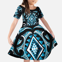 Blue Ngaru Taniko With Aotearoa Maori Tattoo Family Matching Tank Maxi Dress and Hawaiian Shirt LT14 Daughter's Dress Blue - Polynesian Pride