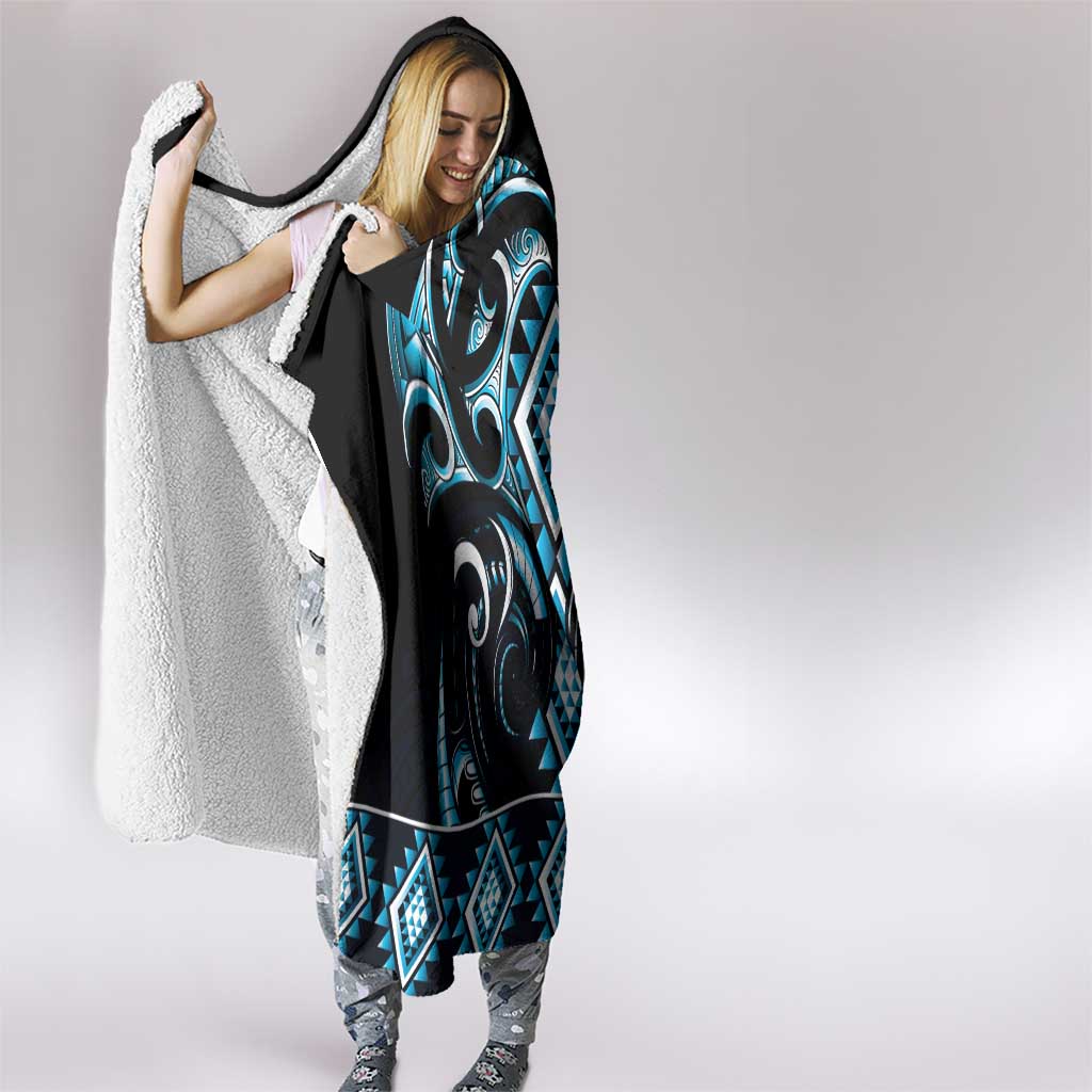 Blue Ngaru Taniko With Aotearoa Maori Tattoo Hooded Blanket