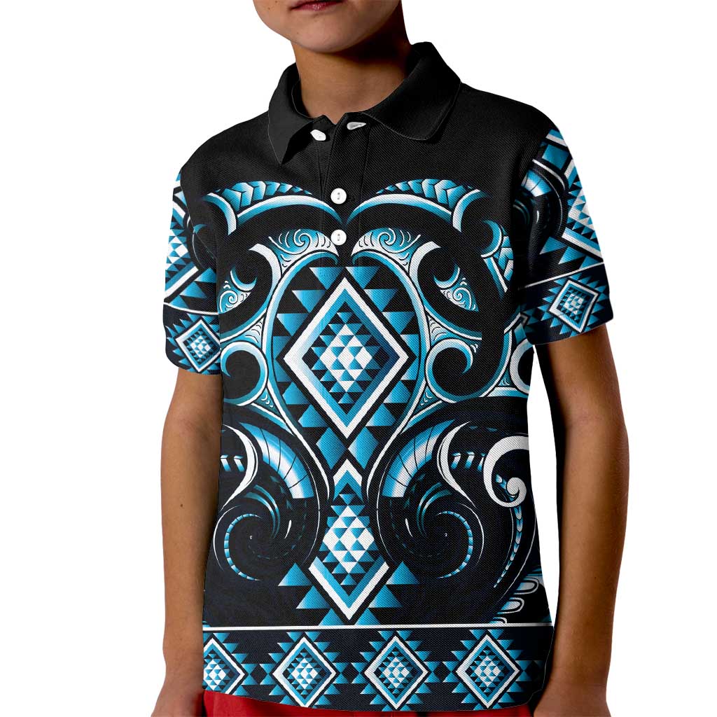 Blue Ngaru Taniko With Aotearoa Maori Tattoo Kid Polo Shirt LT14 Kid Blue - Polynesian Pride