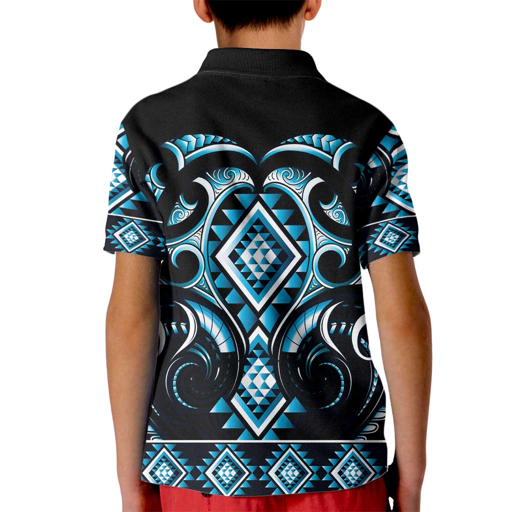 Blue Ngaru Taniko With Aotearoa Maori Tattoo Kid Polo Shirt LT14 - Polynesian Pride