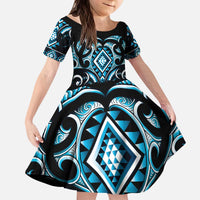 Blue Ngaru Taniko With Aotearoa Maori Tattoo Kid Short Sleeve Dress