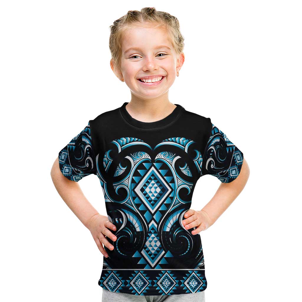 Blue Ngaru Taniko With Aotearoa Maori Tattoo Kid T Shirt LT14 Blue - Polynesian Pride
