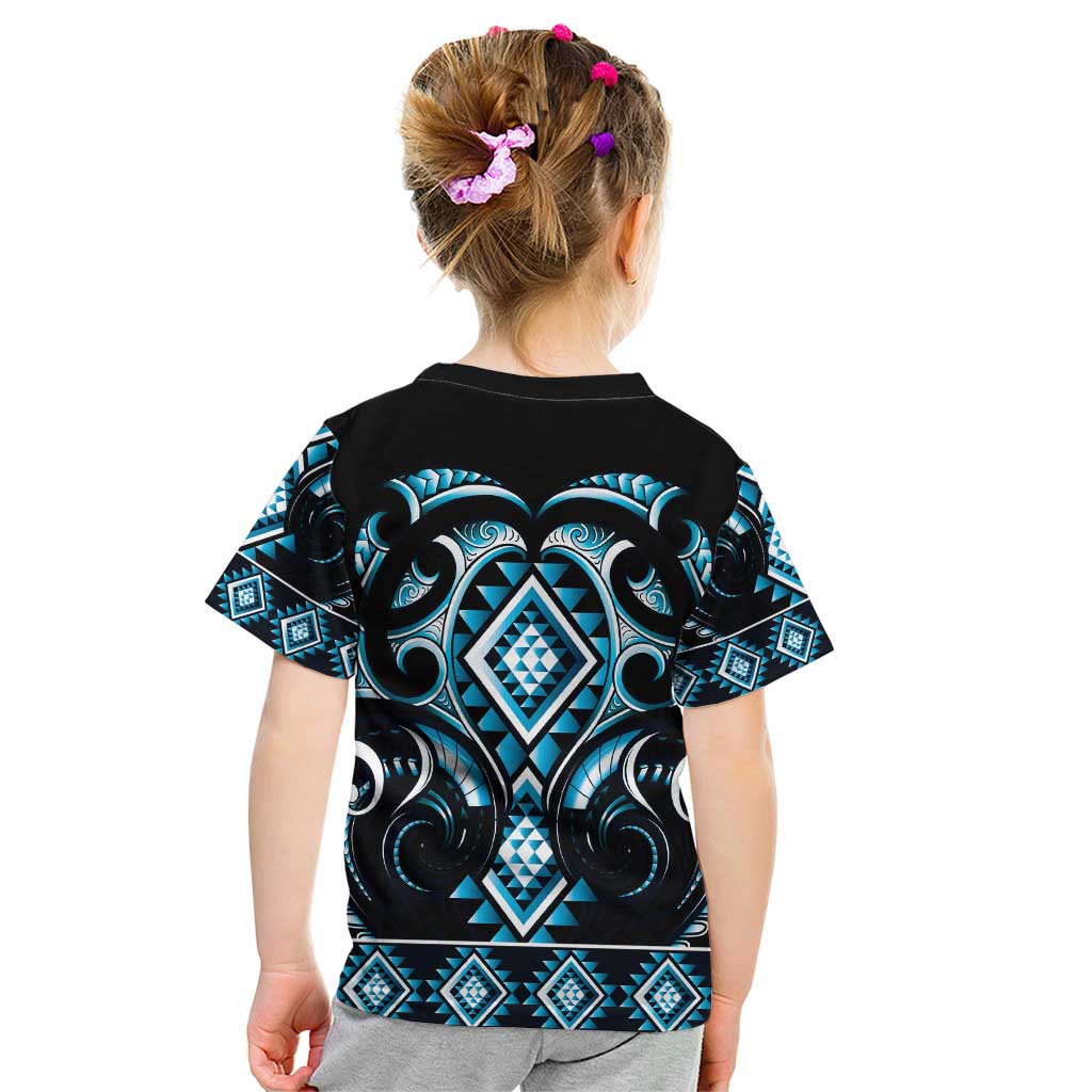 Blue Ngaru Taniko With Aotearoa Maori Tattoo Kid T Shirt LT14 - Polynesian Pride