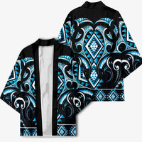 Blue Ngaru Taniko With Aotearoa Maori Tattoo Kimono - Polynesian Pride