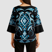 Blue Ngaru Taniko With Aotearoa Maori Tattoo Kimono Sleeve Blouse - Polynesian Pride