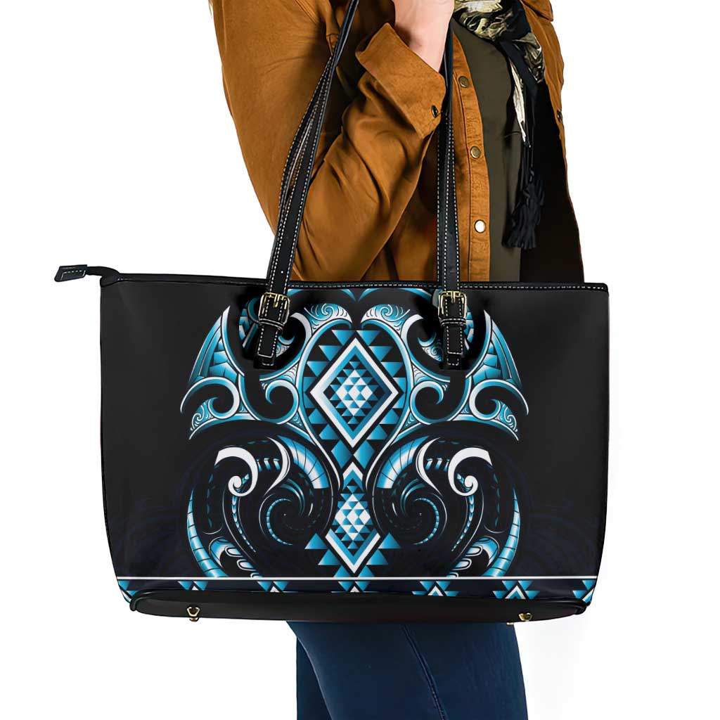 Blue Ngaru Taniko With Aotearoa Maori Tattoo Leather Tote Bag LT14 - Polynesian Pride