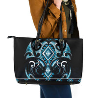 Blue Ngaru Taniko With Aotearoa Maori Tattoo Leather Tote Bag LT14 - Polynesian Pride