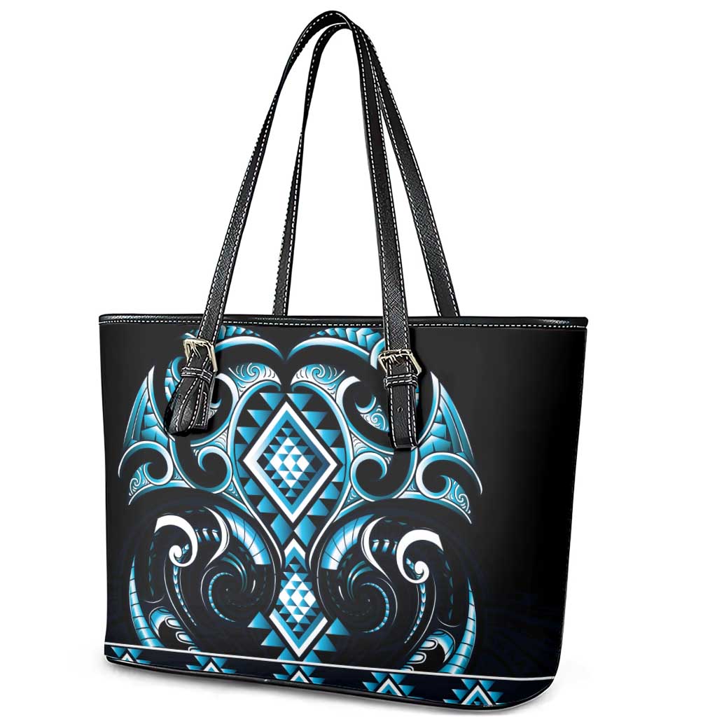 Blue Ngaru Taniko With Aotearoa Maori Tattoo Leather Tote Bag LT14 - Polynesian Pride