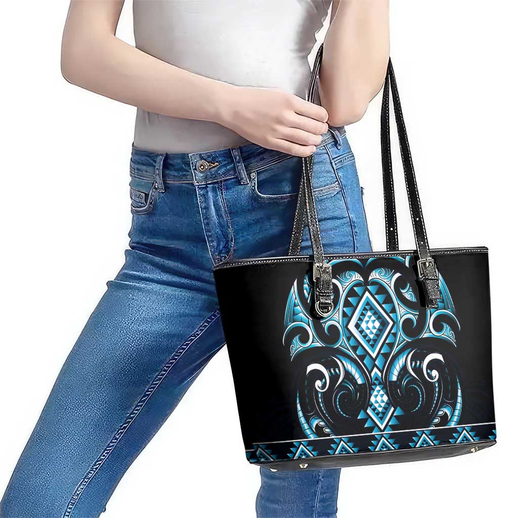 Blue Ngaru Taniko With Aotearoa Maori Tattoo Leather Tote Bag LT14 - Polynesian Pride