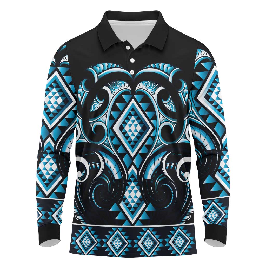 Blue Ngaru Taniko With Aotearoa Maori Tattoo Long Sleeve Polo Shirt
