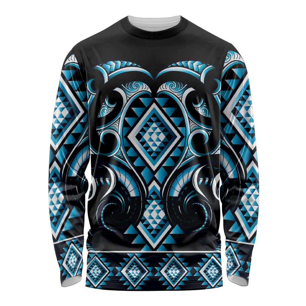 Blue Ngaru Taniko With Aotearoa Maori Tattoo Long Sleeve Shirt LT14 Unisex Blue - Polynesian Pride