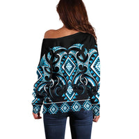 Blue Ngaru Taniko With Aotearoa Maori Tattoo Off Shoulder Sweater