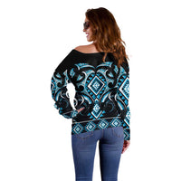 Blue Ngaru Taniko With Aotearoa Maori Tattoo Off Shoulder Sweater