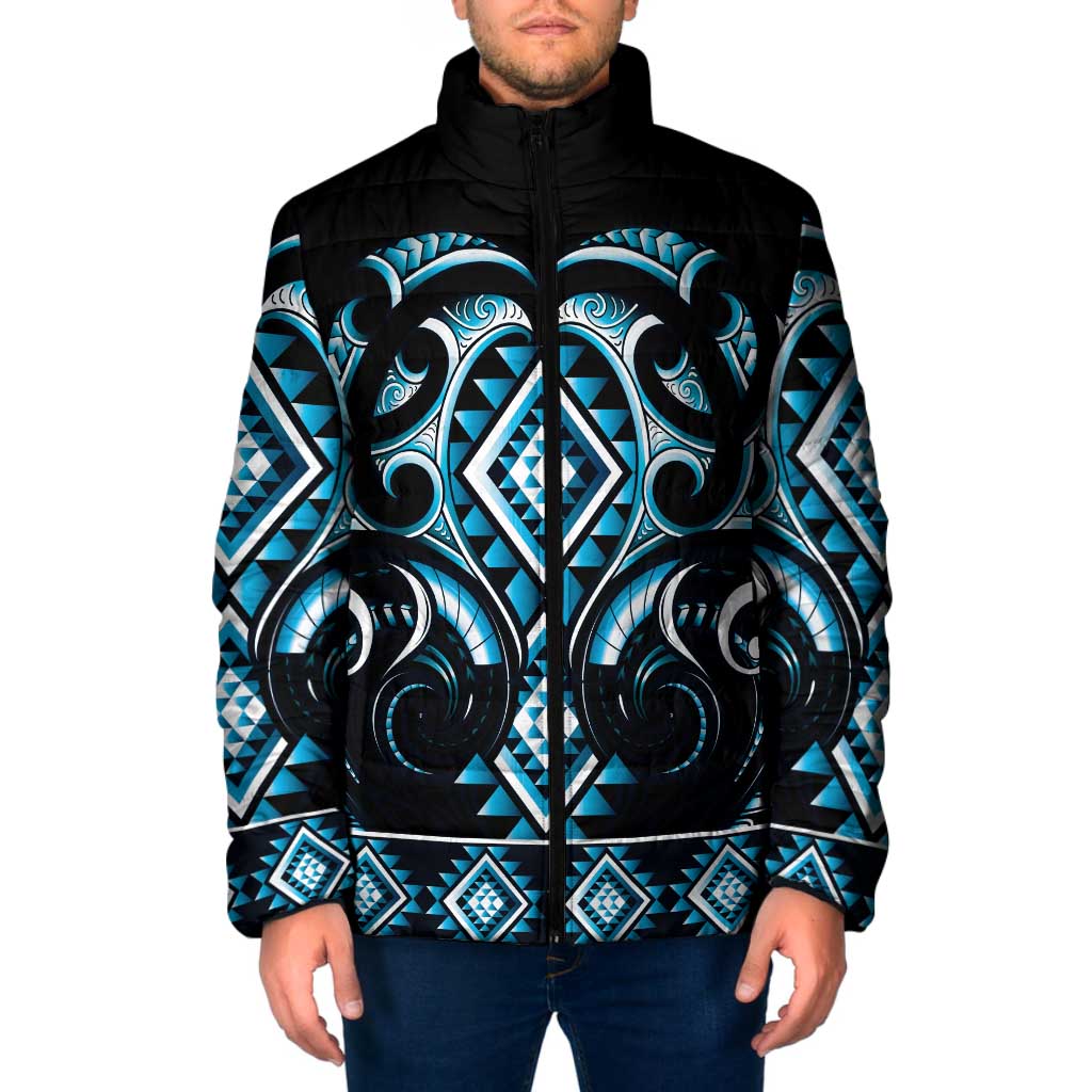 Blue Ngaru Taniko With Aotearoa Maori Tattoo Padded Jacket - Polynesian Pride