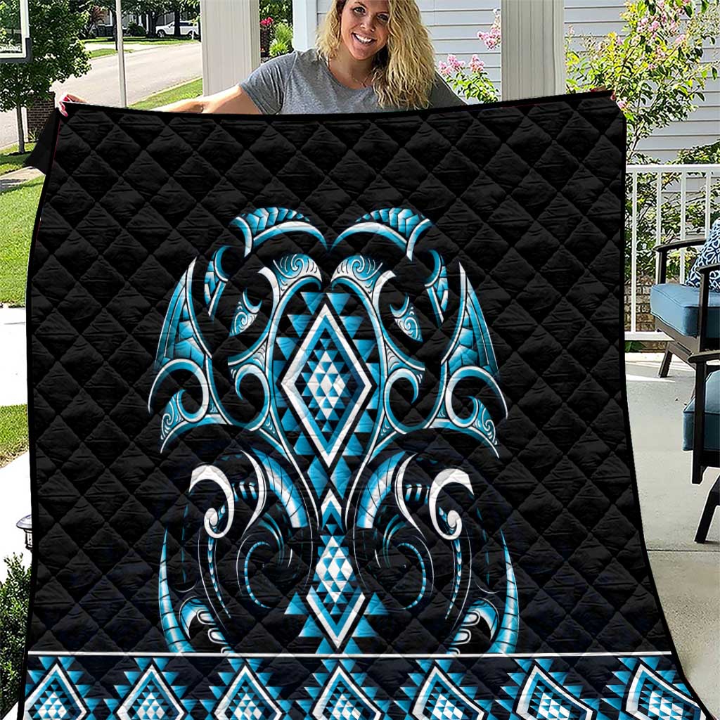 Blue Ngaru Taniko With Aotearoa Maori Tattoo Quilt