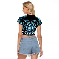 Blue Ngaru Taniko With Aotearoa Maori Tattoo Raglan Cropped T Shirt LT14 - Polynesian Pride
