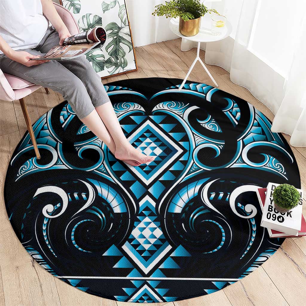 Blue Ngaru Taniko With Aotearoa Maori Tattoo Round Carpet