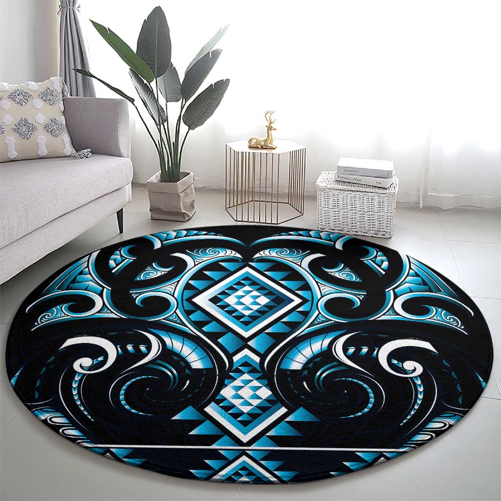 Blue Ngaru Taniko With Aotearoa Maori Tattoo Round Carpet
