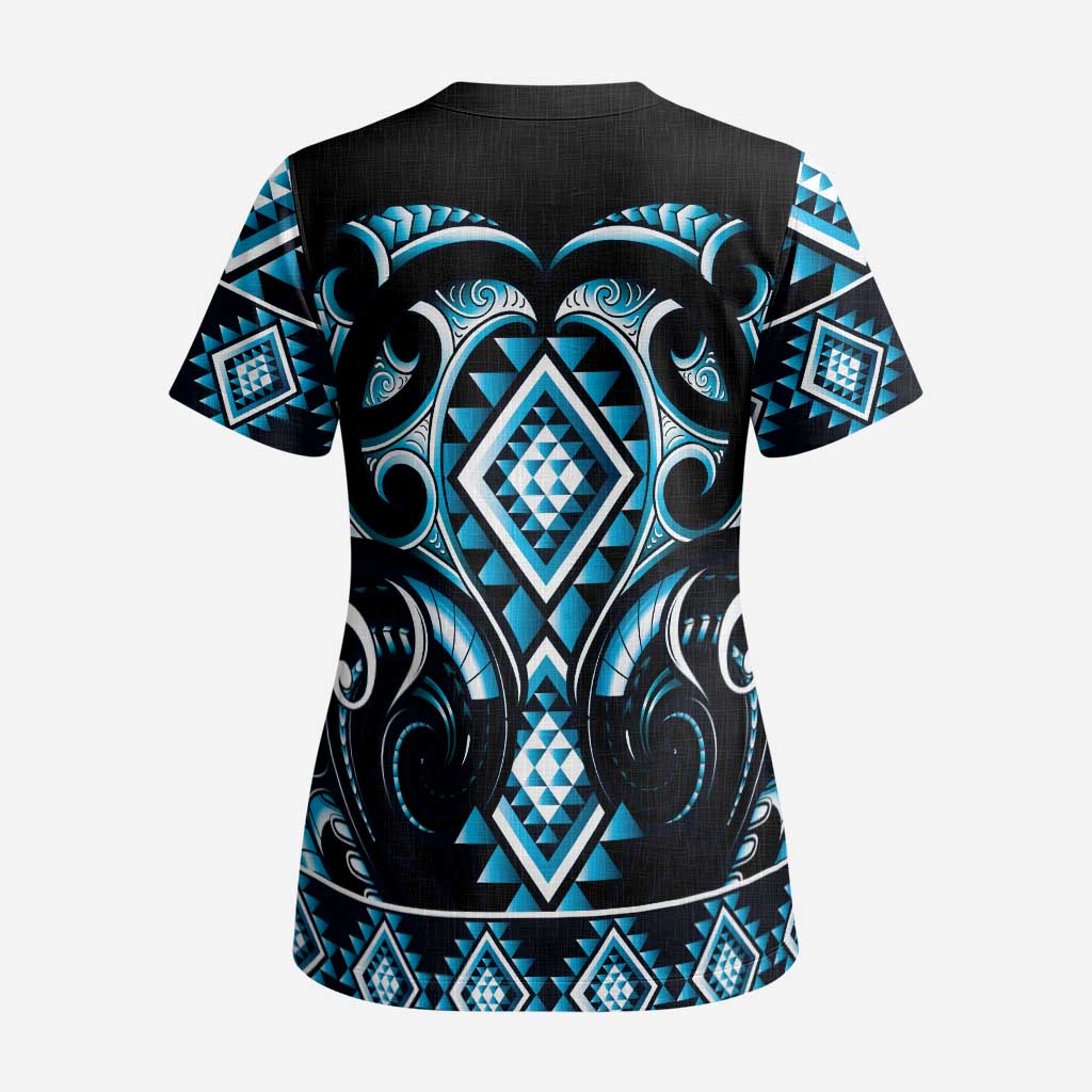 Blue Ngaru Taniko With Aotearoa Maori Tattoo Scrub Top - Polynesian Pride