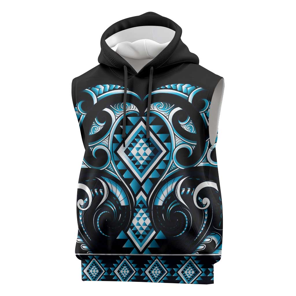 Blue Ngaru Taniko With Aotearoa Maori Tattoo Sleeveless Hoodie - Polynesian Pride